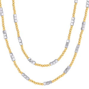 14kt Two-tone Gold Womens Polished Finish Textured Two Row Beaded Necklace Size 18 Inches