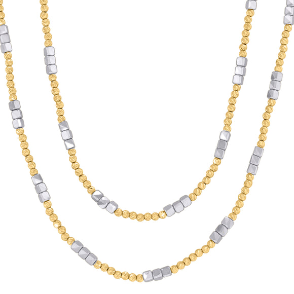 14kt Two-tone Gold Womens Polished Finish Textured Two Row Beaded Necklace Size 18 Inches