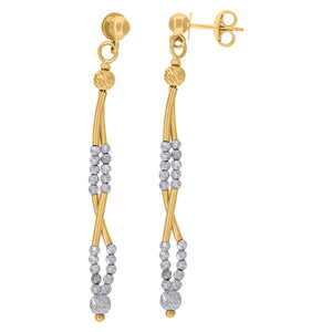 14kt Two-tone Gold Womens Polished Finish Textured Twisted Beaded Dangle Earrings