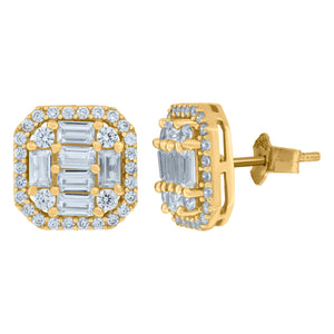 10kt Yellow Gold Mens Round & Baguette Cubic Zirconia Stud Earring
