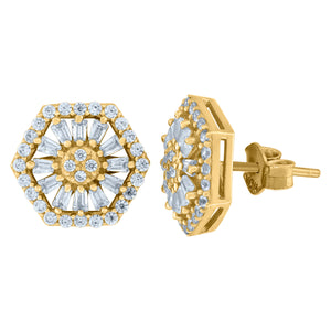 10kt Yellow Gold Mens Round & Baguette Cubic Zirconia Stud Earring