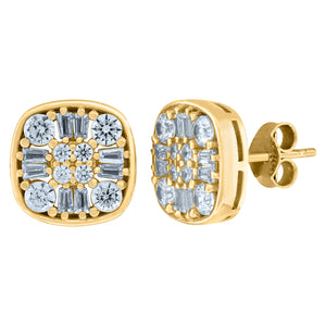 10kt Yellow Gold Mens Round & Baguette Cubic Zirconia Square Head Stud Earring