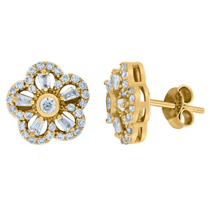 10kt Yellow Gold Mens Round & Baguette Cubic Zirconia Floral Stud Earring