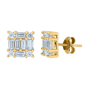 10kt Yellow Gold Mens Round & Baguette Cubic Zirconia Square Head Stud Earring