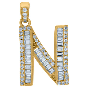10kt Yellow Gold Womens Round Baguette Cubic Zirconia Initial Capital N Charm Pendant