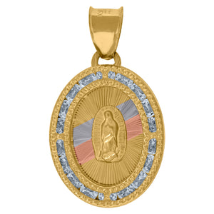 10kt Tri-color Gold Unisex Cubic-zirconia Textured Lady Of Guadalupe Religious Oval Charm Pendant