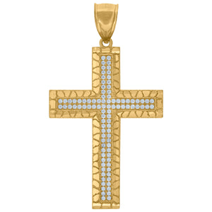 10kt Yellow Gold Unisex Cubic-zirconia Nugget Textured Cross Religious Charm Pendant