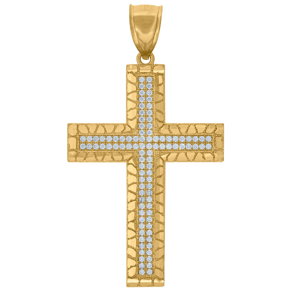 10kt Yellow Gold Unisex Cubic-zirconia Nugget Textured Cross Religious Charm Pendant