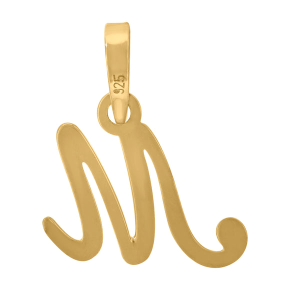 925 Sterling Silver Yellow-tone Unisex Cursive Initial Alphabet M Charm Pendant