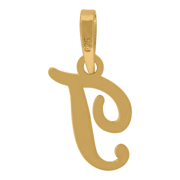 925 Sterling Silver Yellow-tone Unisex Cursive Initial Alphabet T Charm Pendant