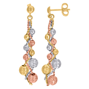14kt Tri-color Gold Womens Textured Beaded Dangle Earrings