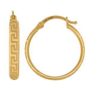 14kt Yellow Gold Womens Greek Textured Huggie Hoop 20mm Earrings