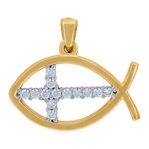 14kt Two-tone Gold Unisex Cubic Zirconia Ichthus With Cross Charm Pendant