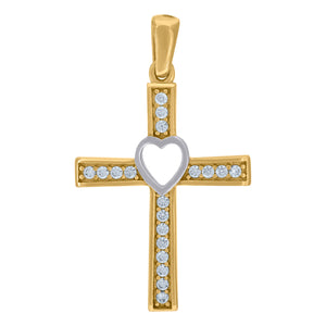 14kt Two-tone Gold Womens Cubic Zirconia Heart Cross Religious Charm Pendant