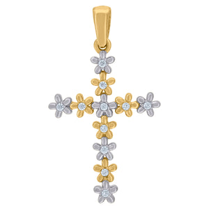 14kt Two-tone Gold Womens Cubic Zirconia Flower Cross Religious Charm Pendant