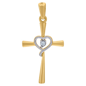 14kt Two-tone Gold Womens Cubic Zirconia Heart Cross Religious Charm Pendant