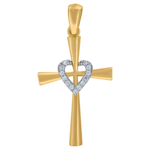 14kt Two-tone Gold Womens Cubic Zirconia Heart Cross Religious Charm Pendant