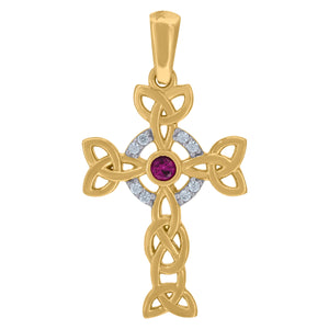14kt Two-tone Gold Unisex Garnet Cubic Zirconia Cross Religious Charm Pendant