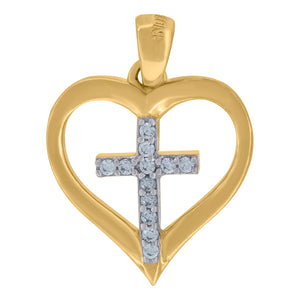 14kt Two-tone Gold Womens Cubic Zirconia Heart Cross Religious Charm Pendant