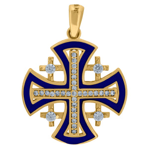 14kt Yellow Gold Unisex Cubic Zirconia Jerusalem Cross With Blue Enamel Religious Charm Pendant