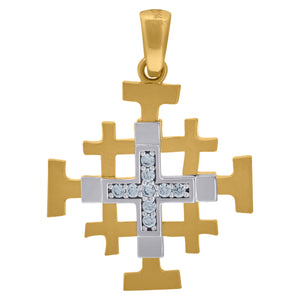 14kt Two-tone Gold Unisex Cubic Zirconia Jerusalem Cross Religious Charm Pendant