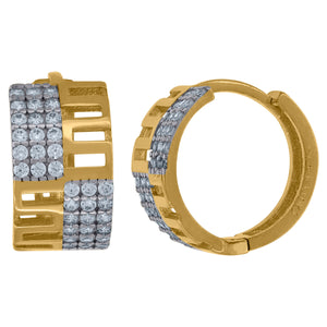 14kt Two-tone Gold Womens Cubic Zirconia Greek Key Huggie Hoop Earrings