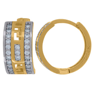 14kt Two-tone Gold Womens Cubic Zirconia Greek Key Huggie Hoop Earrings