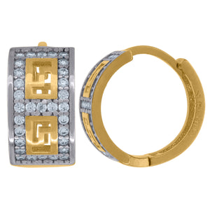 14kt Two-tone Gold Womens Cubic Zirconia Greek Key Huggie Hoop Earrings