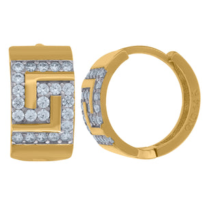 14kt Two-tone Gold Womens Cubic Zirconia Greek Key Huggie Hoop Earrings