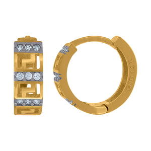 14kt Two-tone Gold Womens Cubic Zirconia Greek Key Huggie Hoop Earrings