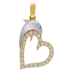 14kt Two-tone Gold Womens Cubic Zirconia Dolphin With Heart Charm Pendant