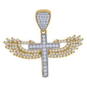10kt Two-tone Gold Cubic Zirconia Angel Wings Cross Religious Charm Pendant