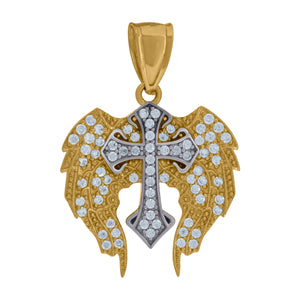 10kt Two-tone Gold Cubic Zirconia Angel Wings Cross Religious Charm Pendant