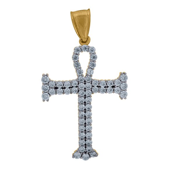 10kt Two-tone Gold Cubic Zirconia Ankh Religious Charm Pendant