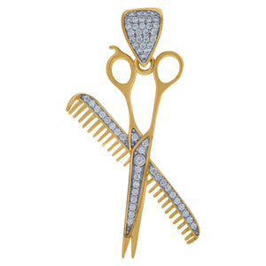 10kt Two-tone Gold Cubic Zirconia Tools Scissors & Comb Occupational Charm Pendant