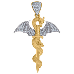 10kt Two-tone Gold Cubic Zirconia Dragon Sword Charm Pendant