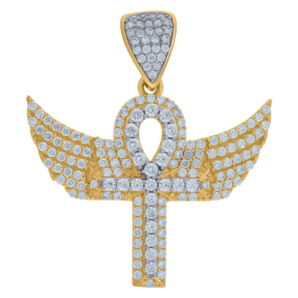 10kt Two-tone Gold Cubic Zirconia Ankh Wings Religious Charm Pendant