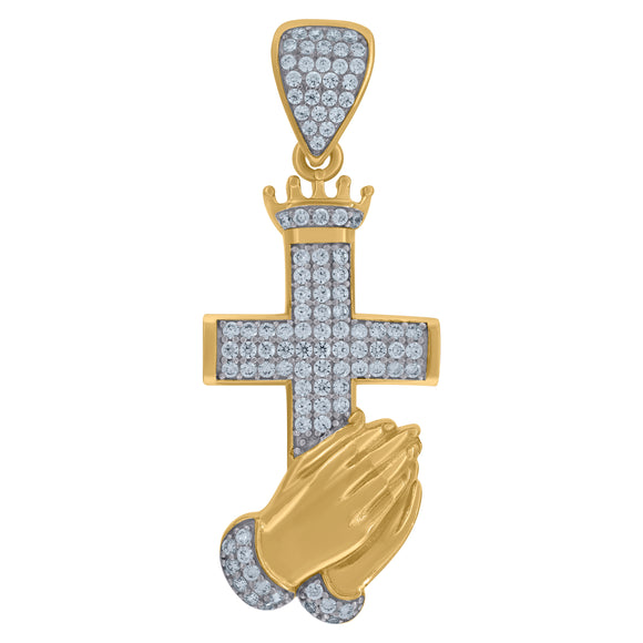 10kt Two-tone Gold Cubic Zirconia Cross Praying Hands Religious Charm Pendant