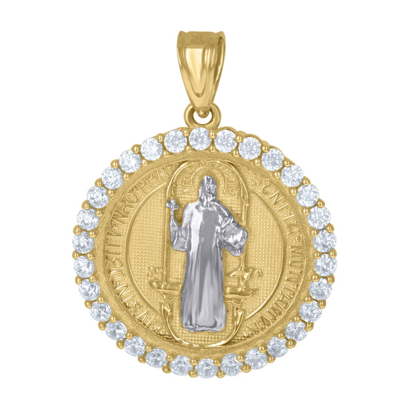 10kt Two-Tone Gold Mens Cubic Zirconia Saints St. Benedict Egyptian Charm Pendant