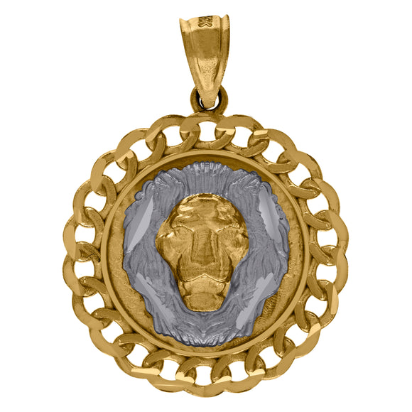 10kt Two-tone Gold Lion Face Leo Animal Medallion Charm Pendant