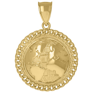 10KT Yellow Gold Mens World Map Cuban Border Globe Charm Pendant