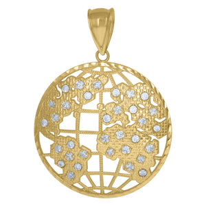 10KT Yellow Gold Mens Cubic Zirconia World Map Globe Charm Pendant