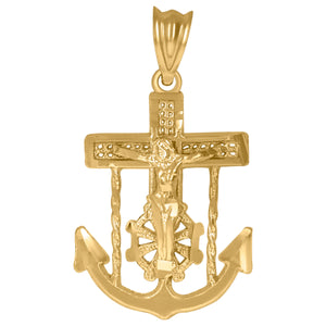 10KT Yellow Gold Mens Crucifix Anchor Religious Charm Pendant