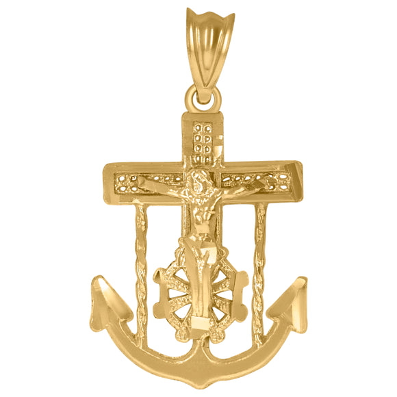 10KT Yellow Gold Mens Crucifix Anchor Religious Charm Pendant
