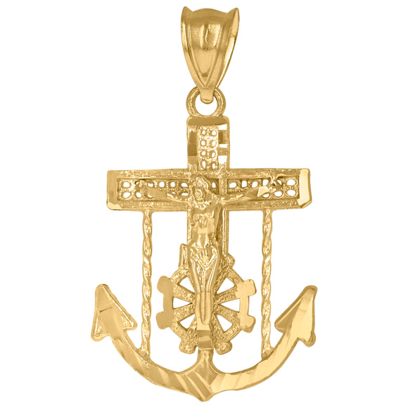 10KT Yellow Gold Mens Crucifix Anchor Religious Charm Pendant