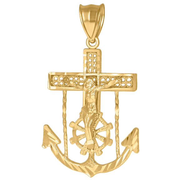 10KT Yellow Gold Mens Crucifix Anchor Religious Charm Pendant