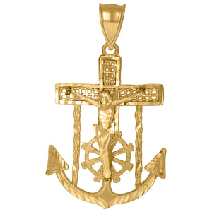 10KT Yellow Gold Mens Crucifix Anchor Religious Charm Pendant