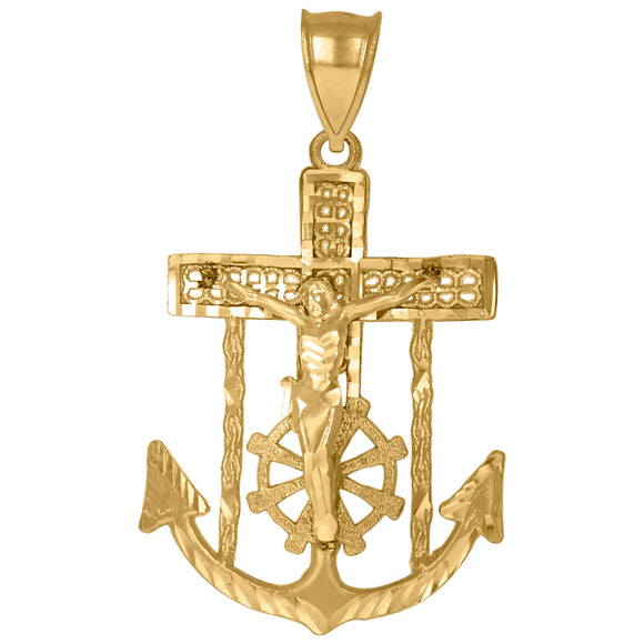 10KT Yellow Gold Mens Crucifix Anchor Religious Charm Pendant