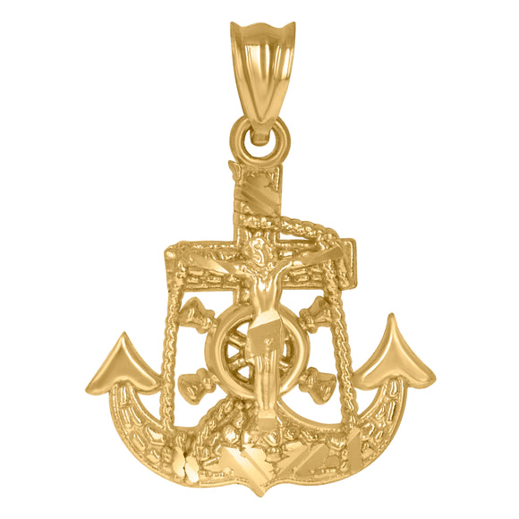 10KT Yellow Gold Mens Crucifix Anchor Religious Charm Pendant
