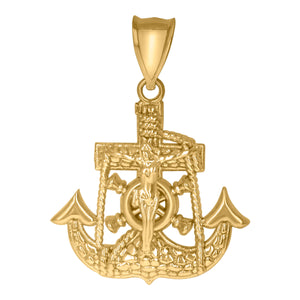 10KT Yellow Gold Mens Crucifix Anchor Nugget Religious Charm Pendant